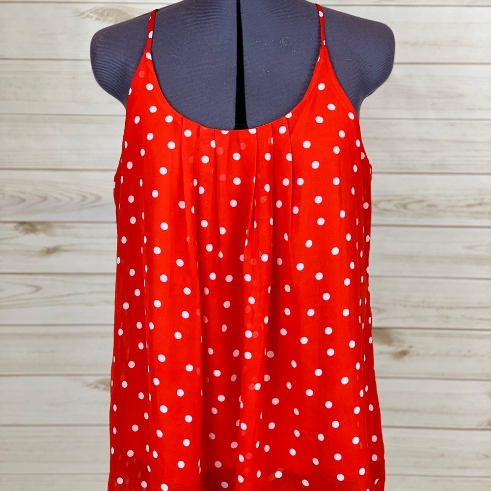 Red and white polka dot chiffon tank top